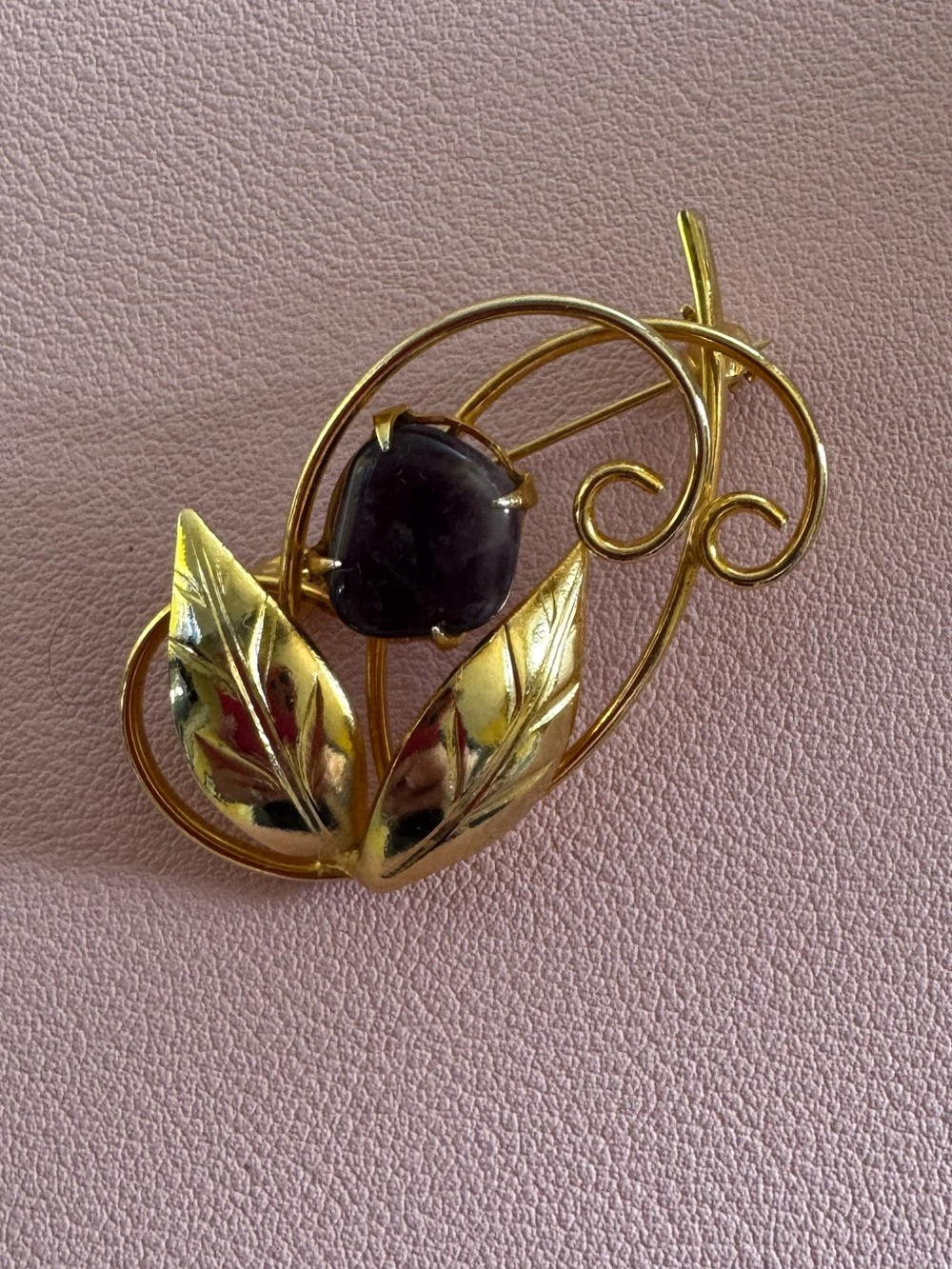 Vintage Gold-Tone Leaf Brooch with Purple Cabochon Stone